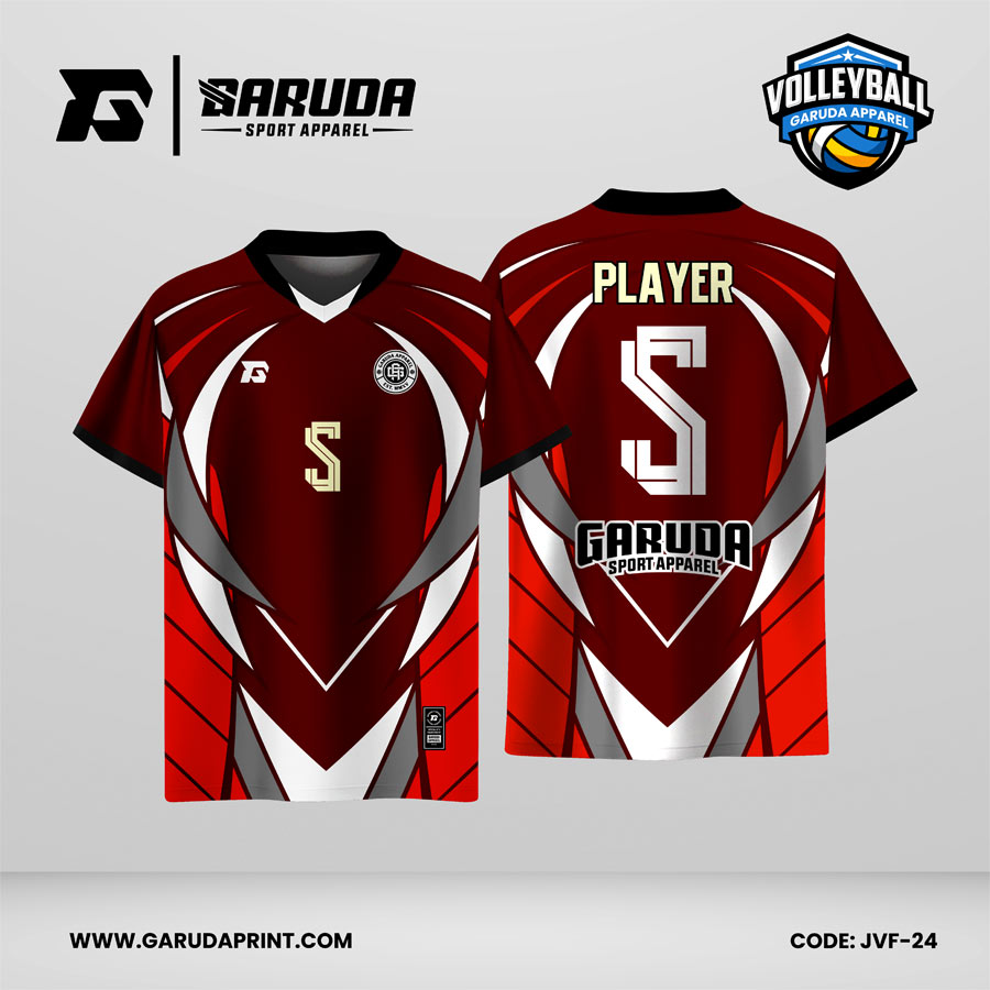 Jersey Voli JVF-24, Kombinasi Maroon–Merah dengan Aksen Putih–Abu dan Motif Lengkung Simetris
