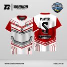 Jersey Voli JVF-25, Kombinasi Putih–Merah dengan Aksen Abu dan Motif Chevron Berlapis