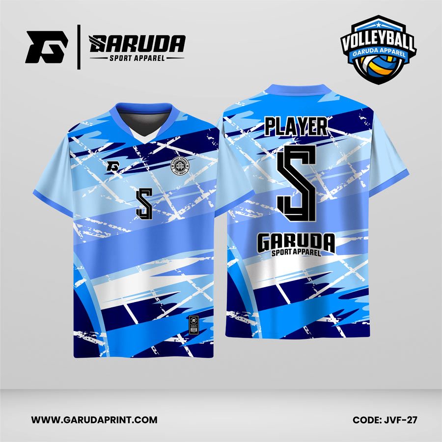 Jersey Voli JVF-27, Kombinasi Biru Muda–Biru Tua dengan Aksen Putih dan Motif Brush Acak yang Dinamis