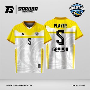 Jersey Voli JVF-29, Kombinasi Kuning–Putih dengan Motif Ornamen Abstrak dan Detail Geometris yang Fresh