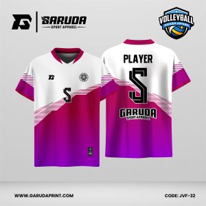 Jersey Voli JVF-32, Kombinasi Putih–Ungu Magenta dengan Motif Diagonal Stripes yang Modern