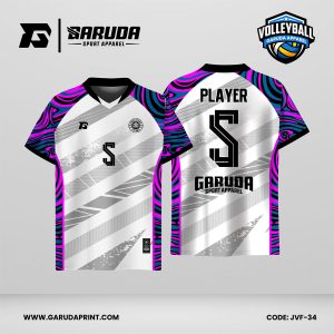 Jersey Voli JVF-34, Kombinasi Putih–Abu dengan Aksen Motif Marble Pink–Biru pada Lengan yang Unik