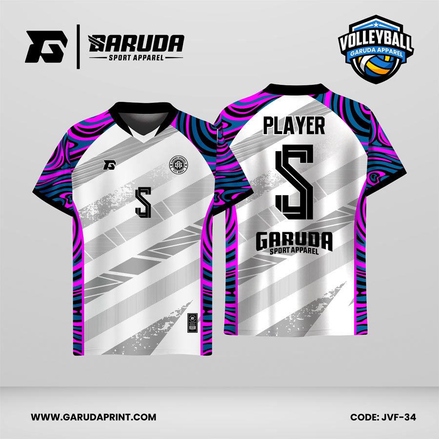 Jersey Voli JVF-34, Kombinasi Putih–Abu dengan Aksen Motif Marble Pink–Biru pada Lengan yang Unik