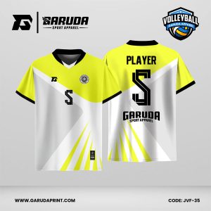 Jersey Voli JVF-35, Kombinasi Putih–Neon Kuning dengan Aksen Hitam dan Motif Geometris Minimalis yang Fresh