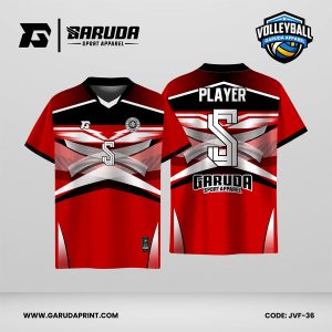 Jersey Voli JVF-36, Kombinasi Merah–Hitam dengan Aksen Putih dan Motif Cross Line yang Agresif