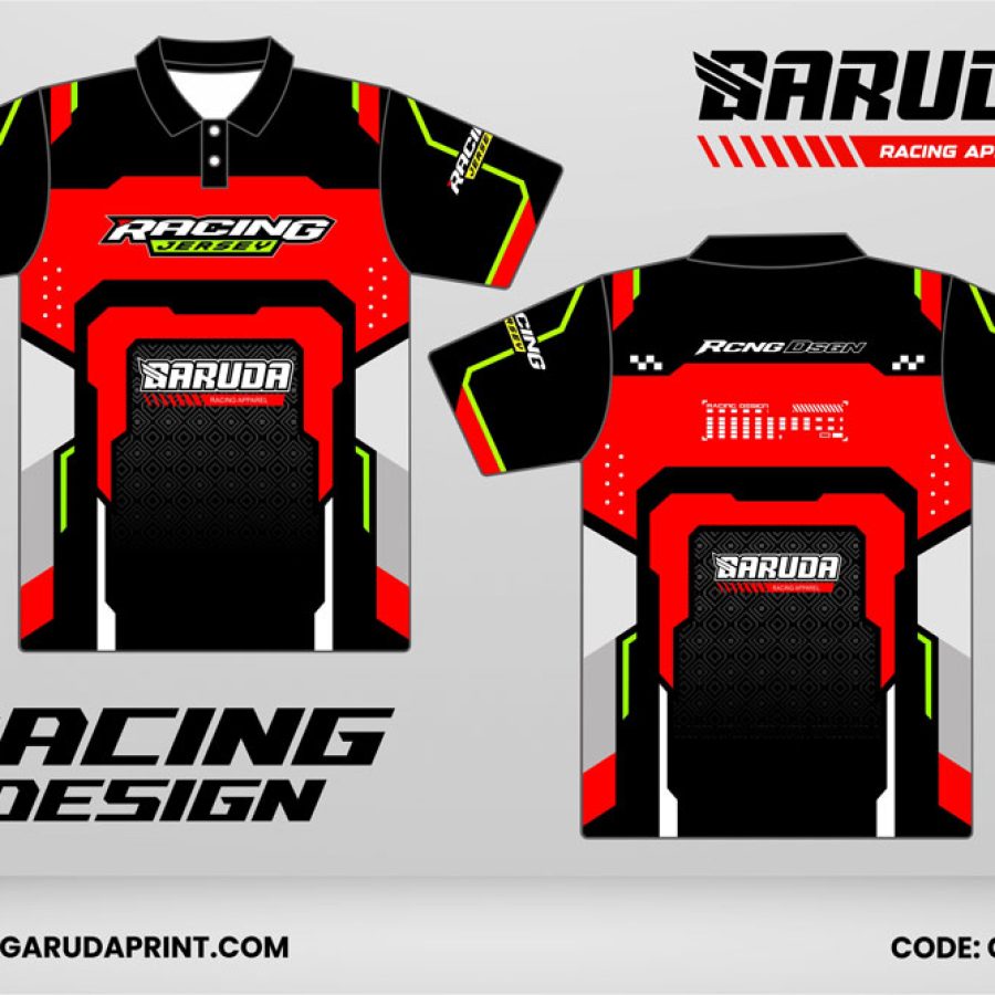 Jersey Racing GRC-10 Merah–Hitam dengan Lis Hijau Neon, Desain Kontras Berani untuk Tim Balap dan Komunitas Motor