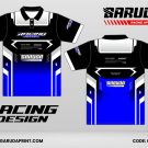 Jersey Racing GRC-11 Hitam–Biru Gradasi dengan Panel Bahu Putih, Desain Simetris Futuristik untuk Tim Balap dan Komunitas