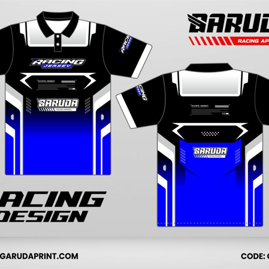 Jersey Racing GRC-11 Hitam–Biru Gradasi dengan Panel Bahu Putih, Desain Simetris Futuristik untuk Tim Balap dan Komunitas