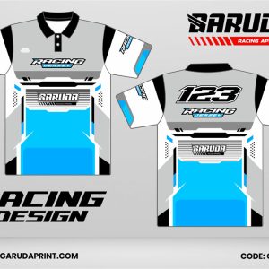 Jersey Racing GRC-13 Abu Muda, Putih, Biru Cyan dengan Panel Tengah Lebar, Desain Clean Futuristik untuk Tim Balap dan Komunitas
