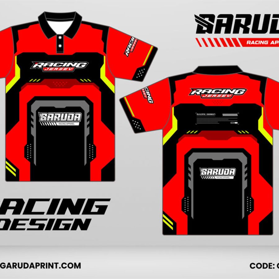 Jersey Racing GRC-19 Merah–Hitam dengan Aksen Kuning Neon, Desain Racing Kontras Tinggi untuk Tim Balap dan Komunitas