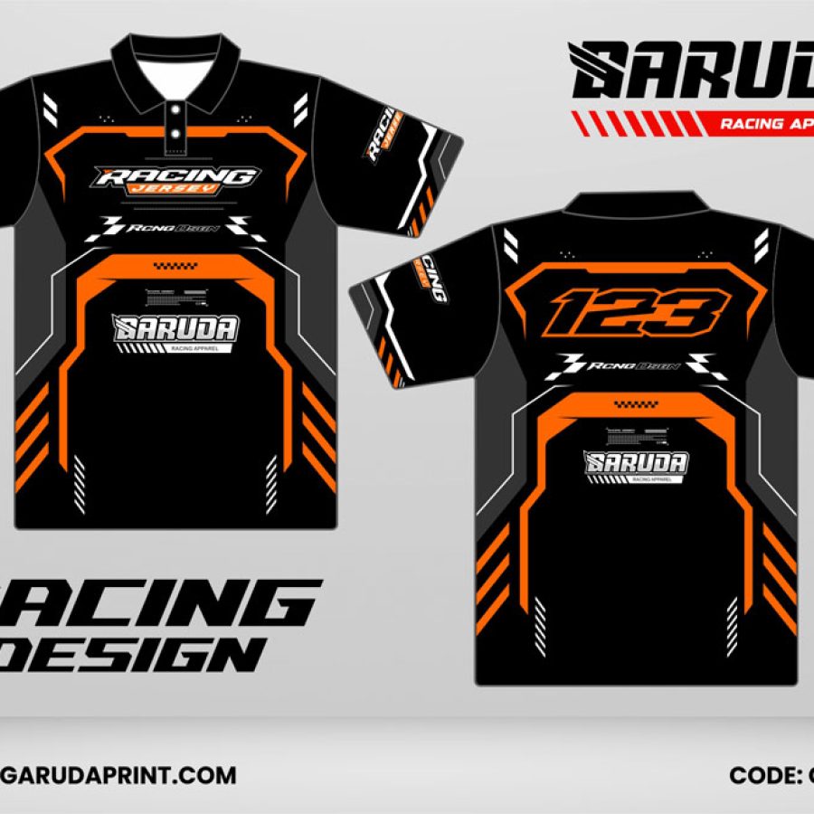 Jersey Racing GRC-20 Hitam–Oranye dengan Frame Panel Tebal, Desain Racing Agresif untuk Tim Balap dan Komunitas