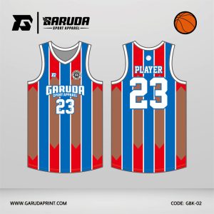 Jersey Basket GBK-02 Biru Royal–Merah dengan Motif Vertical Classic Stripe dan Arrow Line Accent