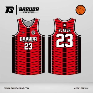 Jersey Basket GBK-03 Merah Hitam dengan Motif Garis Putus Horizontal Efek Lengkung dan Center Glow Panel