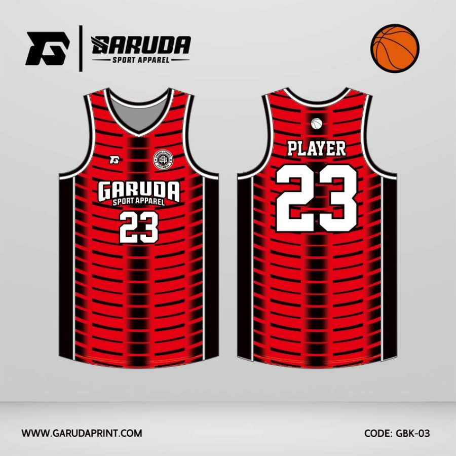 Jersey Basket GBK-03 Merah Hitam dengan Motif Garis Putus Horizontal Efek Lengkung dan Center Glow Panel