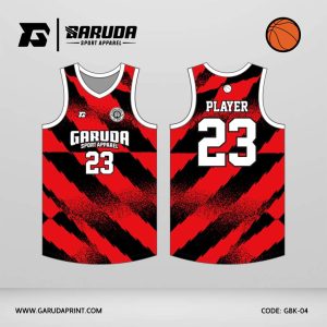 Jersey Basket GBK-04 Merah Hitam dengan Motif Diagonal Brush Stroke dan Efek Grunge Spray