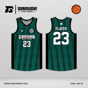 Jersey Basket GBK-05 Hijau Tua Hitam dengan Motif Zigzag Vertikal dan Texture Dot Pattern