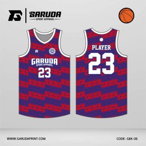 Jersey Basket GBK-06 Merah Biru dengan Motif Digital Pattern dan Micro Block Texture