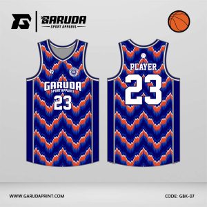 Jersey Basket GBK-07 Biru Royal dengan Motif Zigzag Bergerigi Multi Layer dan Kontras Oranye–Putih