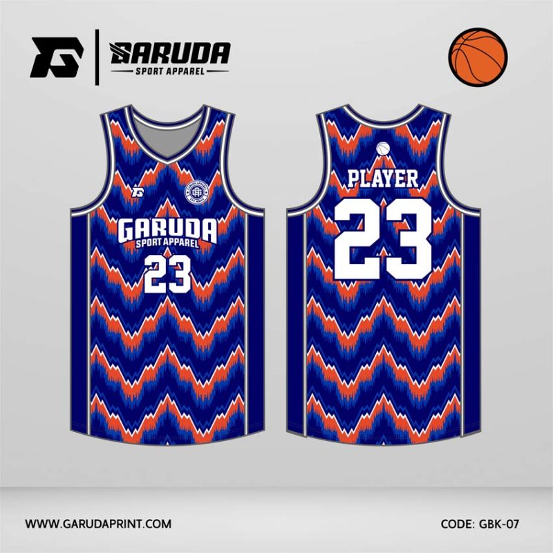 Jersey Basket GBK-07 Biru Royal dengan Motif Zigzag Bergerigi Multi Layer dan Kontras Oranye–Putih