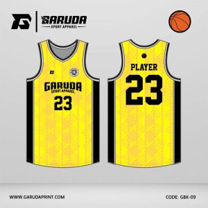 Jersey Basket GBK-09 Kuning Terang–Hitam dengan Motif Vertical Line dan Scratch Texture