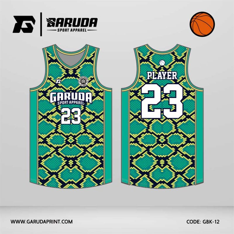 Jersey Basket GBK-12 Turquoise Green – Lime Neon dengan Motif Exotic Reptile Pattern