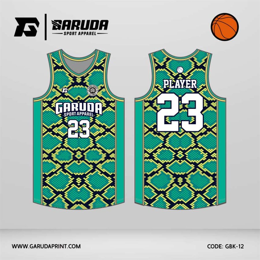Jersey Basket GBK-12 Turquoise Green – Lime Neon dengan Motif Exotic Reptile Pattern