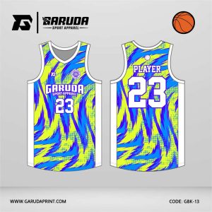Jersey Basket GBK-13 Lime Neon – Electric Blue dengan Motif Brush Swirl Halftone
