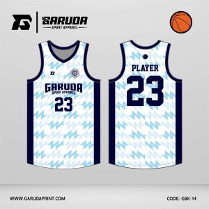 Jersey Basket GBK-14 Putih Ice Blue – Navy dengan Motif Zigzag Micro Pattern