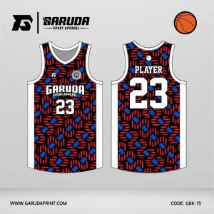 Jersey Basket GBK-15 Hitam – Scarlet Red – Royal Blue dengan Motif Geometric Scatter Pattern
