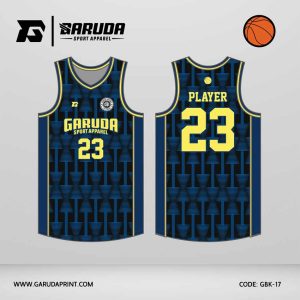 Jersey Basket GBK-17 Navy Gelap – Biru Elektrik – Kuning dengan Motif Vertical Arrow Tech Pattern