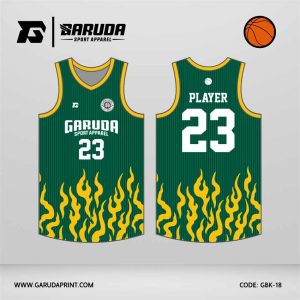Jersey Basket GBK-18 Hijau Tua – Kuning dengan Motif Api dan Garis Vertikal Halus