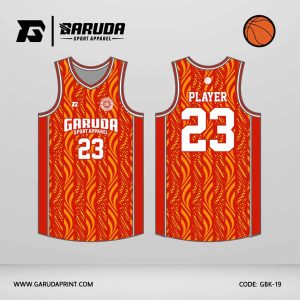 Jersey Basket GBK-19 Merah Oranye – Kuning dengan Motif Gelombang Vertikal dan Titik Dekoratif