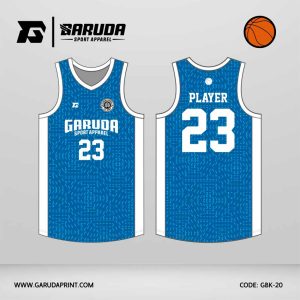 Jersey Basket GBK-20 Biru Toska – Putih dengan Motif Coretan Mikro Abstrak