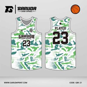 Jersey Basket GBK-21 Putih – Hijau dengan Motif Kamuflase Abstrak Bertekstur
