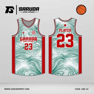 Jersey Basket GBK-22 Putih – Hijau Garis Topografi dengan Aksen Merah