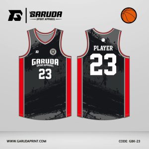 Jersey Basket GBK-23 Hitam – Abu dengan Motif Brush Stroke Dengan Aksen Merah