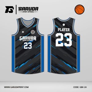 Jersey Basket GBK-24 Hitam Arang – Abu Gelap dengan Motif Sayatan Diagonal Beraksen Biru Listrik