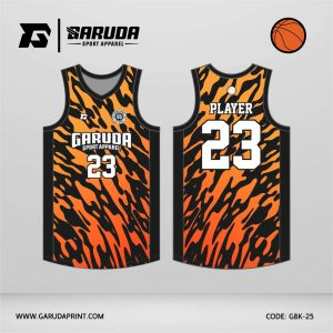 Jersey Basket GBK-25 Hitam – Oranye dengan Motif Loreng Cair Berkarakter Agresif