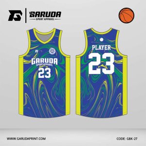 Jersey Basket GBK-27 Biru – Kuning Terang dengan Motif Gelombang Pusaran