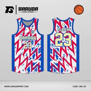 Jersey Basket GBK-28 Putih – Merah Biru dengan Motif Zigzag Dinamis