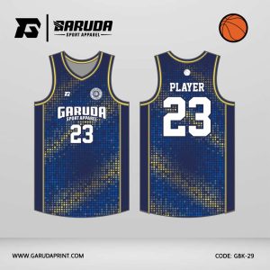 Jersey Basket GBK-29 Biru Gelap – Kuning Emas dengan Motif Gradasi Titik Halftone