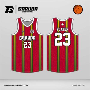 Jersey Basket GBK-30 Merah – Hijau Kuning dengan Motif Garis Vertikal Kombinasi Topografi Halus