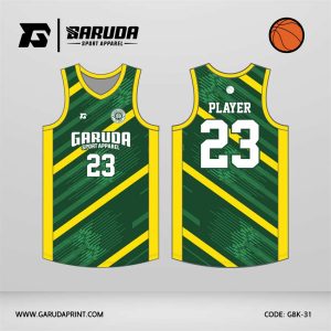 Jersey Basket GBK-31 Hijau – Kuning dengan Motif Garis Diagonal Energi dan Tekstur Brush