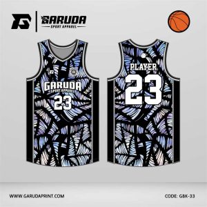 Jersey Basket GBK-33 Hitam – Abu Kebiruan dengan Motif Daun Tropis Abstrak