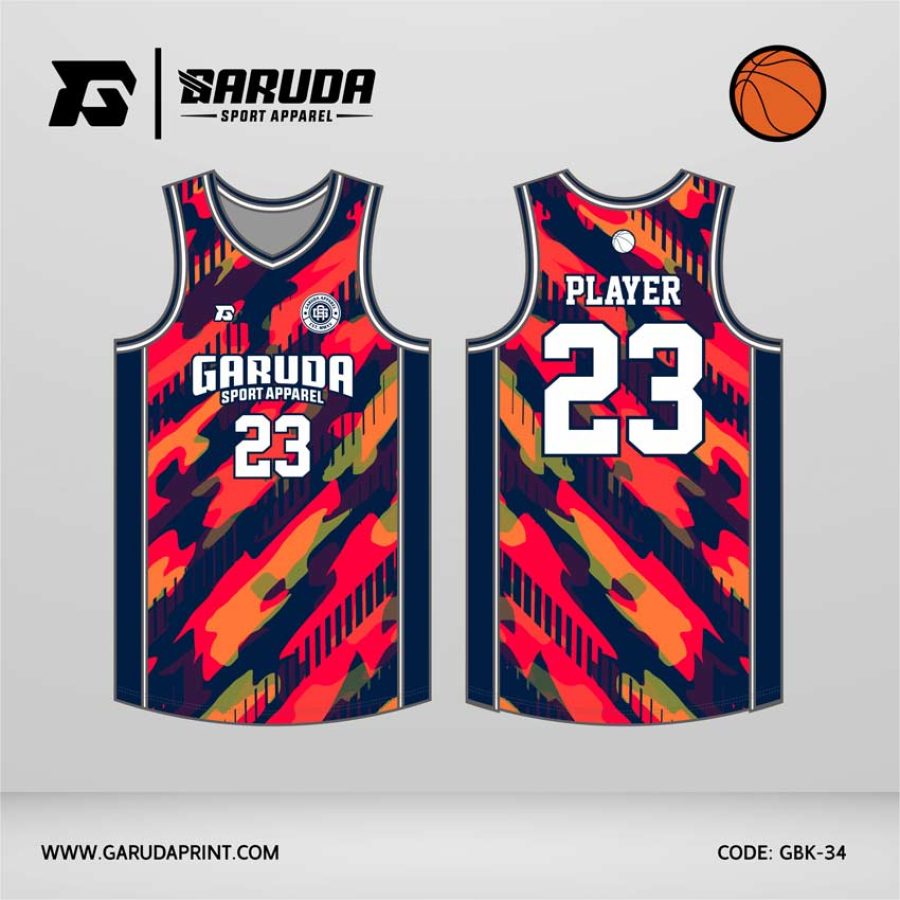 Jersey Basket GBK-34 Navy Gelap – Merah Oranye dengan Motif Loreng Modern Brush Diagonal