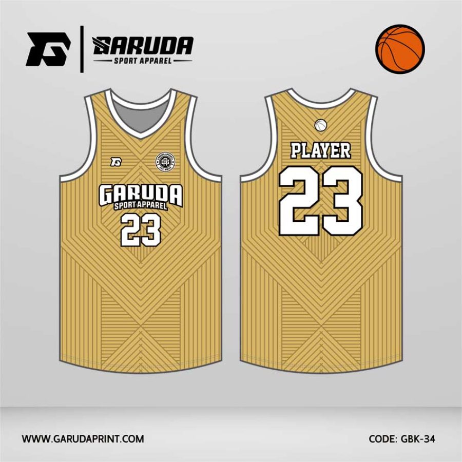 Jersey Basket GBK-35 Kuning Emas – Putih dengan Motif Garis Geometris Simetris Berlapis