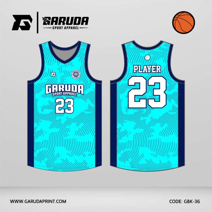 Jersey Basket GBK-36 Biru Toska – Navy dengan Motif Garis Kontur Gelombang Halus