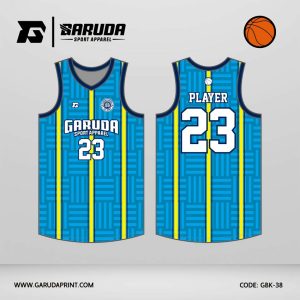 Jersey Basket GBK-38 Biru Toska – Kuning dengan Motif Grid Geometris Vertikal