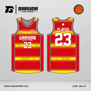Jersey Basket GBK-40 Merah – Kuning dengan Motif Garis Horizontal Enerjik Berlapis