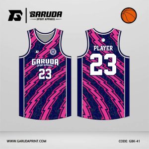 Jersey Basket GBK-41 Biru Navy – Pink dengan Motif Petir Diagonal Berlapis Ornamen